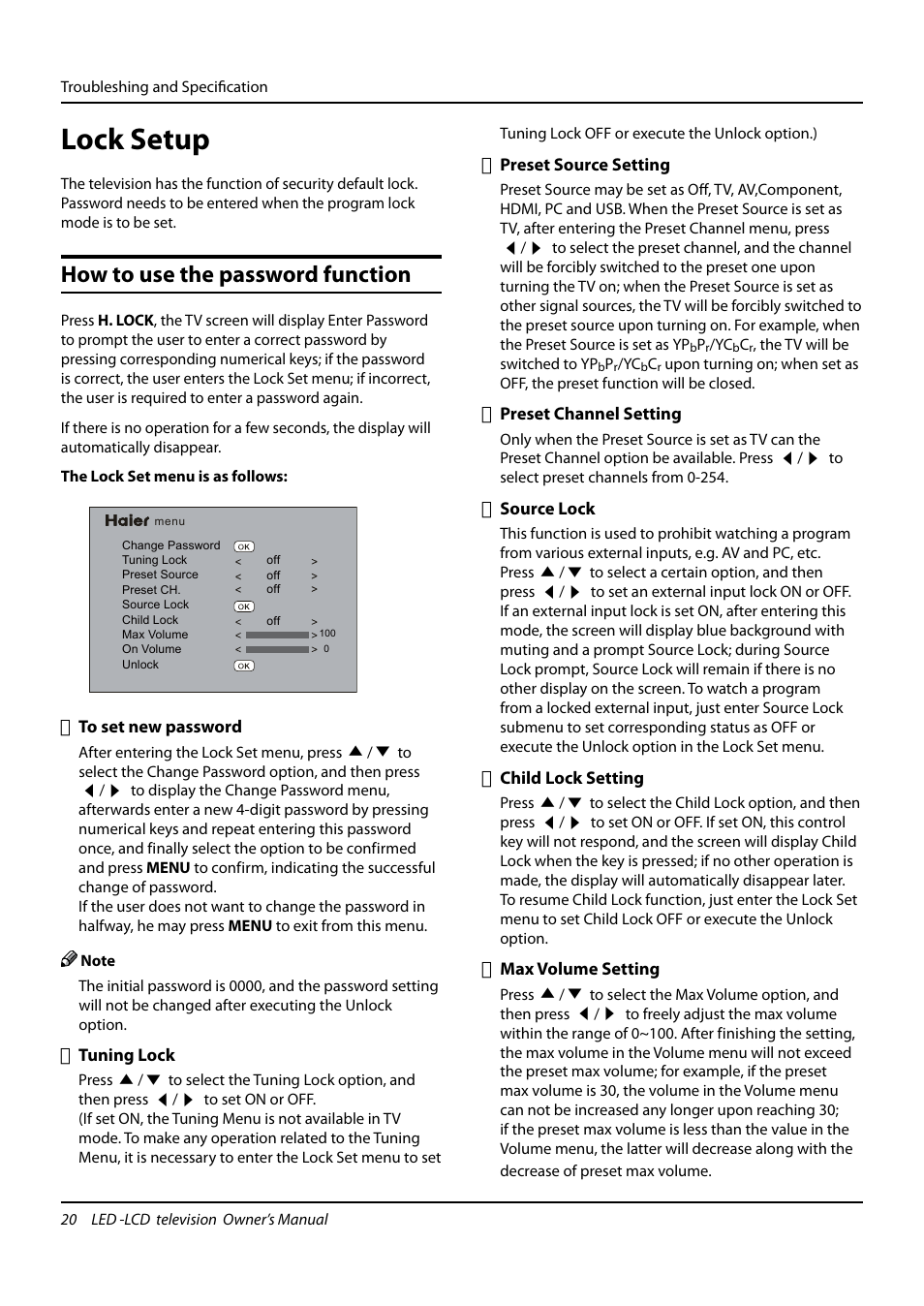 Lock setup, How to use the password function | haier L24K3 User Manual | Page 21 / 26