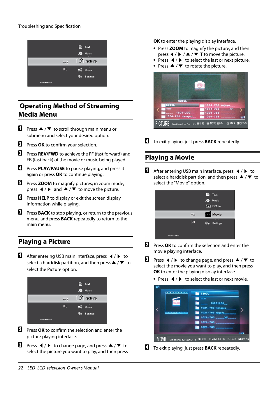 Operating method of streaming media menu, Playing a picture, Playing a movie | haier L24K3 User Manual | Page 23 / 26