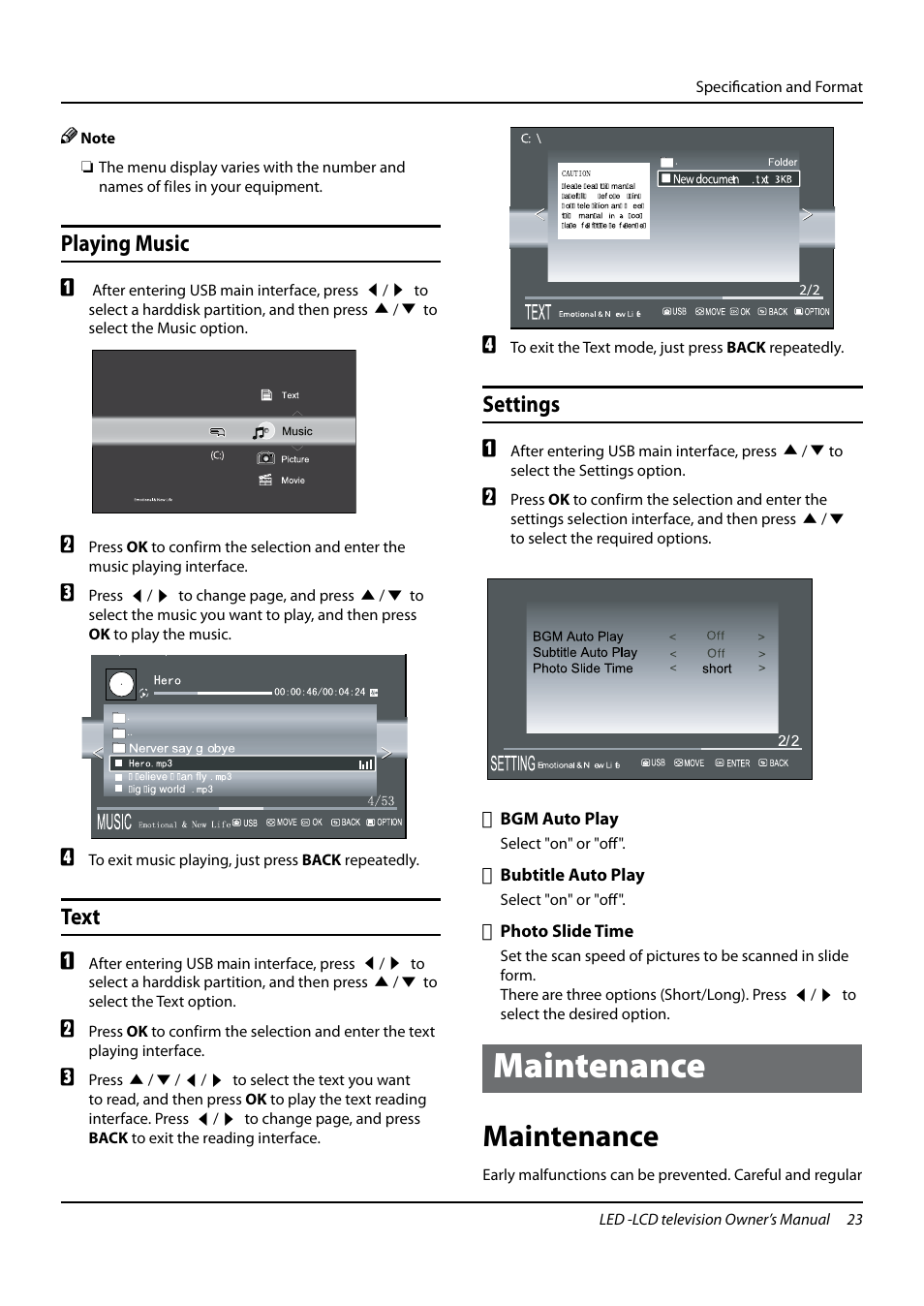Maintenance, Playing music, Text | Settings | haier L24K3 User Manual | Page 24 / 26