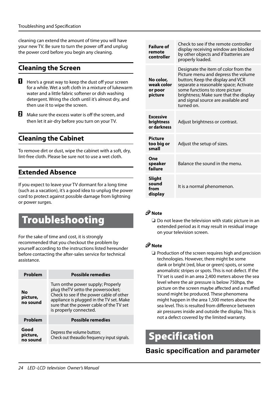 Troubleshooting, Specification, Cleaning the screen | Cleaning the cabinet, Extended absence, Basic specification and parameter | haier L24K3 User Manual | Page 25 / 26