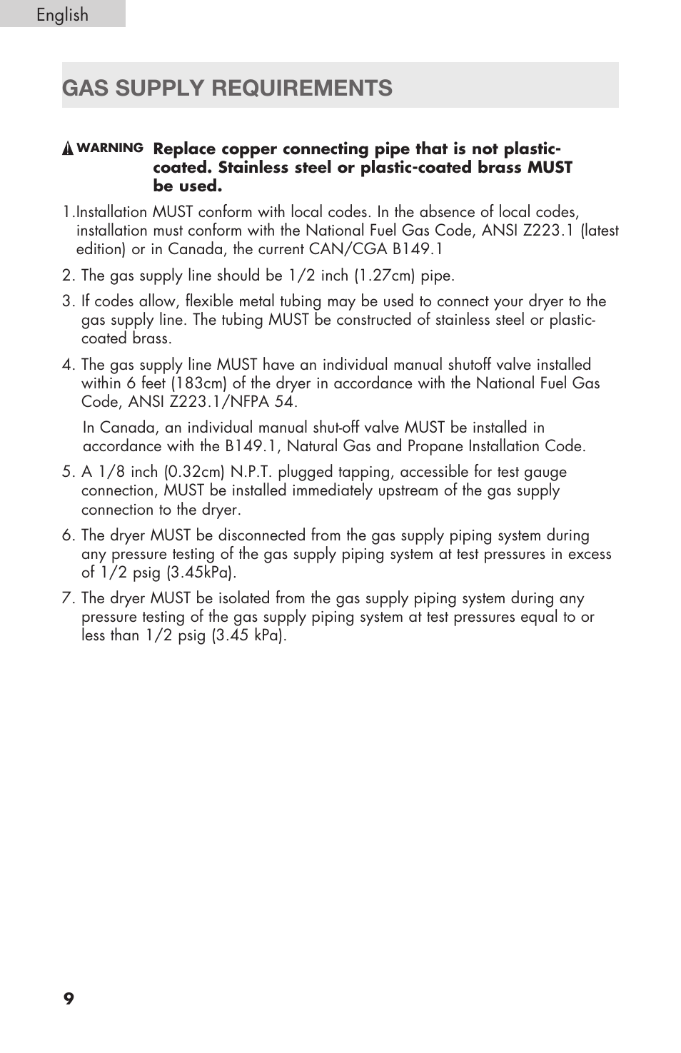 Gas supply requirements | haier Gas & Electric Dryer RDE/RDG 350AW User Manual | Page 10 / 80