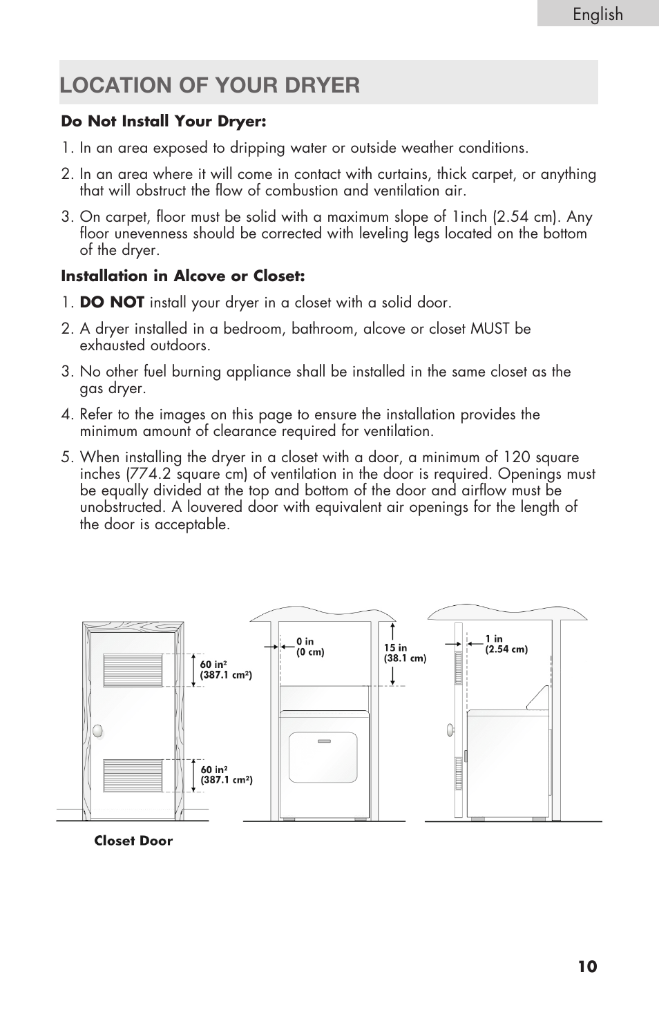 Location of your dryer | haier Gas & Electric Dryer RDE/RDG 350AW User Manual | Page 11 / 80