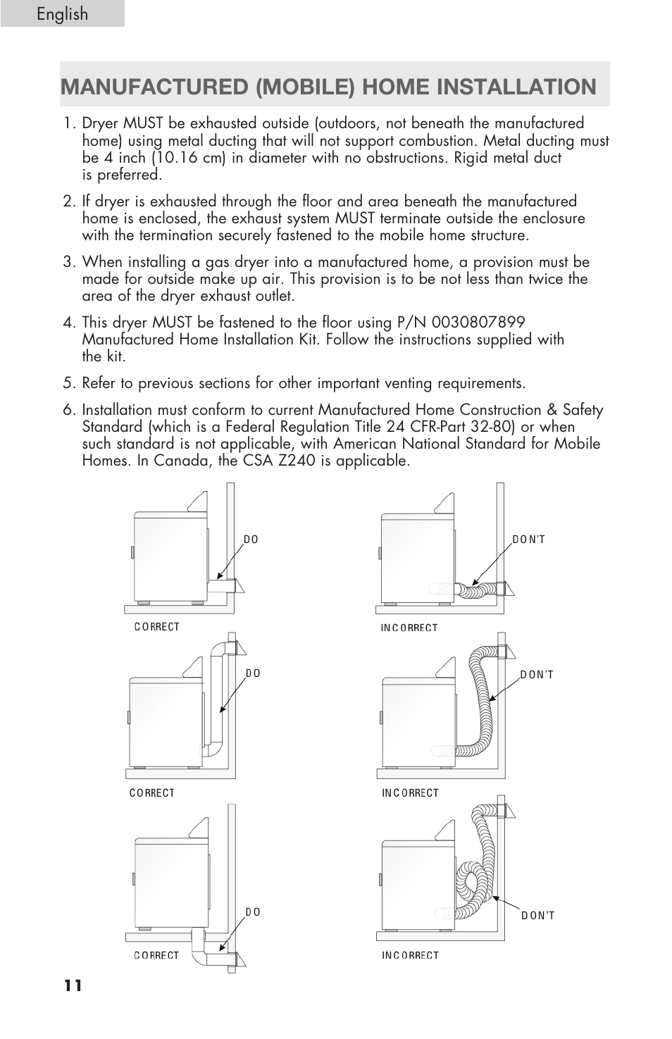 Manufactured (mobile) home installation | haier Gas & Electric Dryer RDE/RDG 350AW User Manual | Page 12 / 80