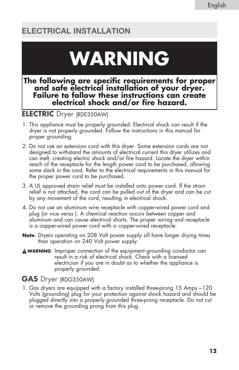 Warning, Electrical installation, Electric dryer | Gas dryer | haier Gas & Electric Dryer RDE/RDG 350AW User Manual | Page 13 / 80