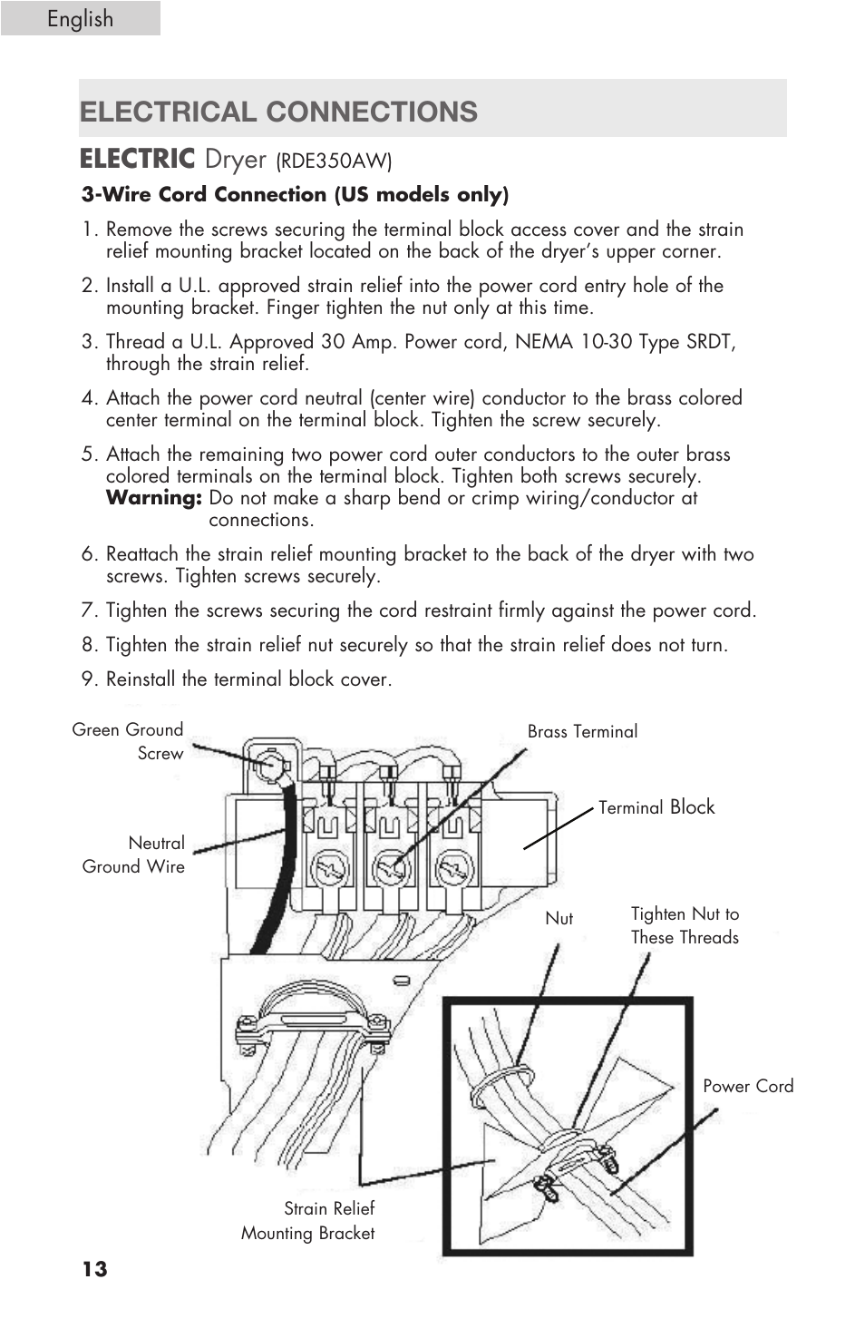 Electrical connections, Electric dryer | haier Gas & Electric Dryer RDE/RDG 350AW User Manual | Page 14 / 80