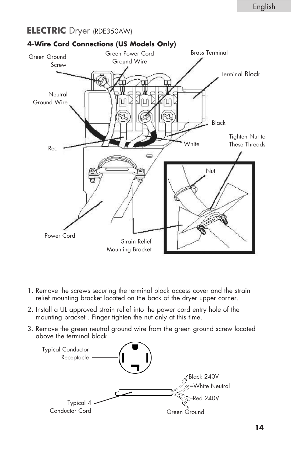 Electric dryer, English | haier Gas & Electric Dryer RDE/RDG 350AW User Manual | Page 15 / 80