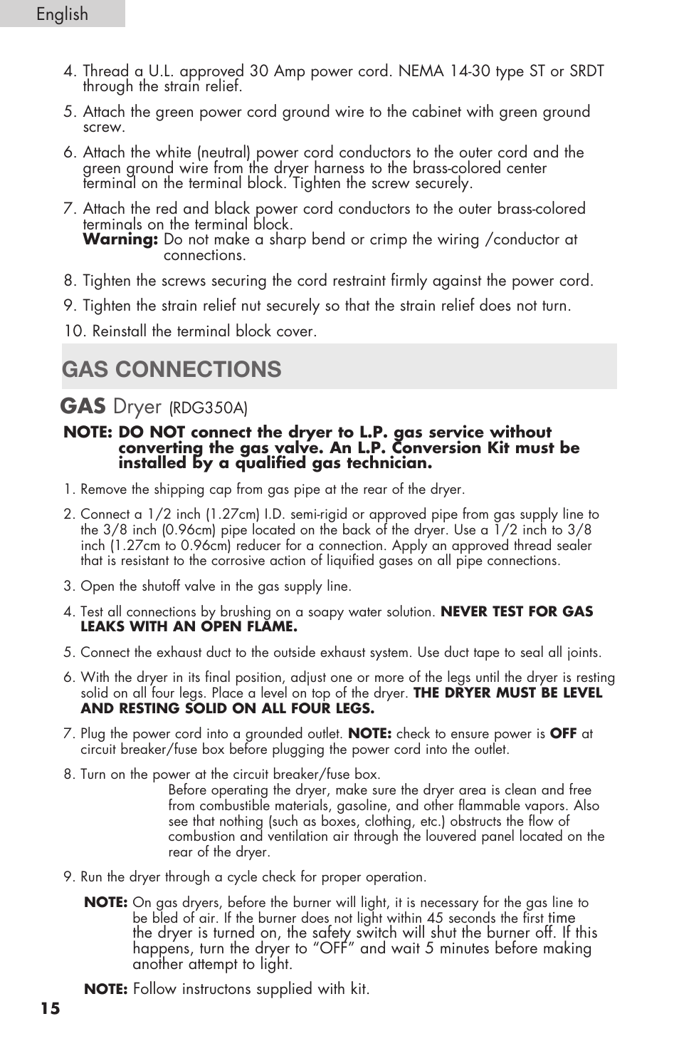 Gas connections, Gas dryer, English | haier Gas & Electric Dryer RDE/RDG 350AW User Manual | Page 16 / 80