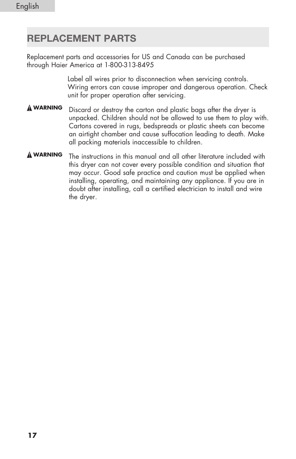 Replacement parts | haier Gas & Electric Dryer RDE/RDG 350AW User Manual | Page 18 / 80