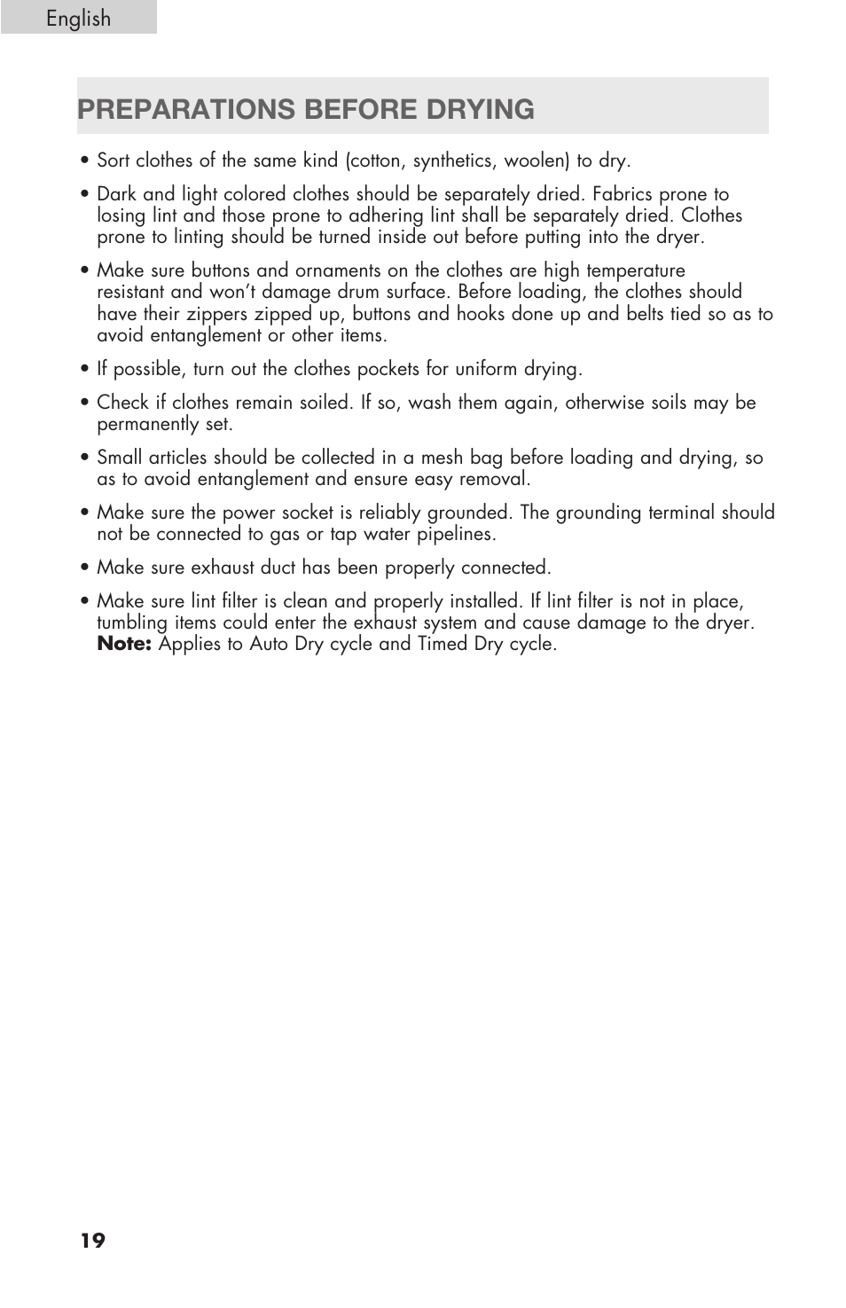 Preparations before drying | haier Gas & Electric Dryer RDE/RDG 350AW User Manual | Page 20 / 80