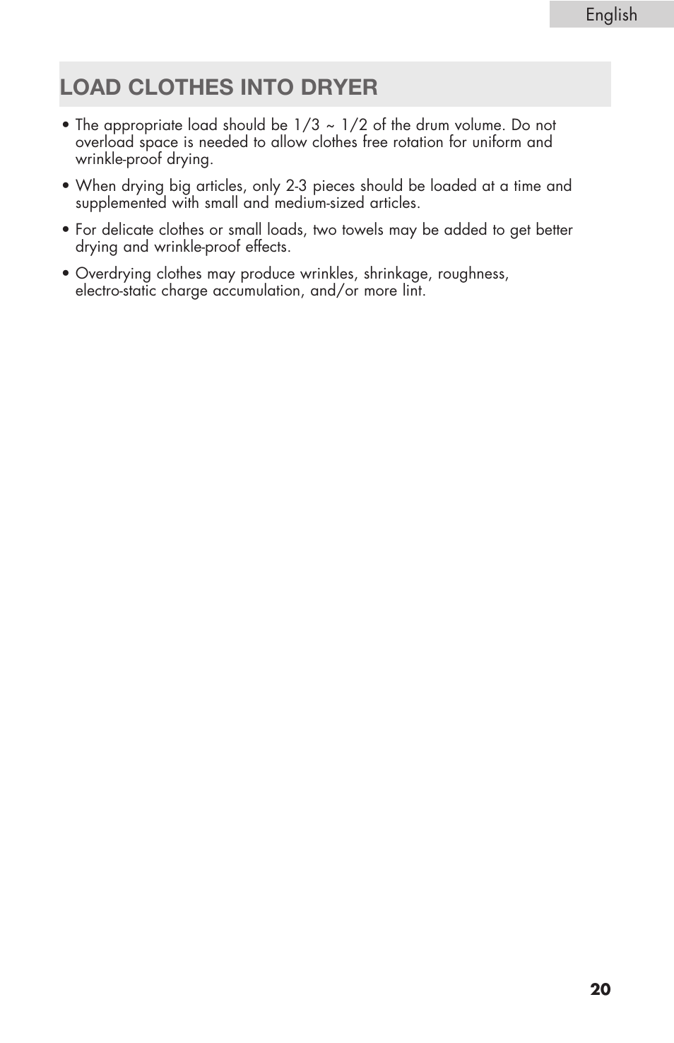 Load clothes into dryer | haier Gas & Electric Dryer RDE/RDG 350AW User Manual | Page 21 / 80