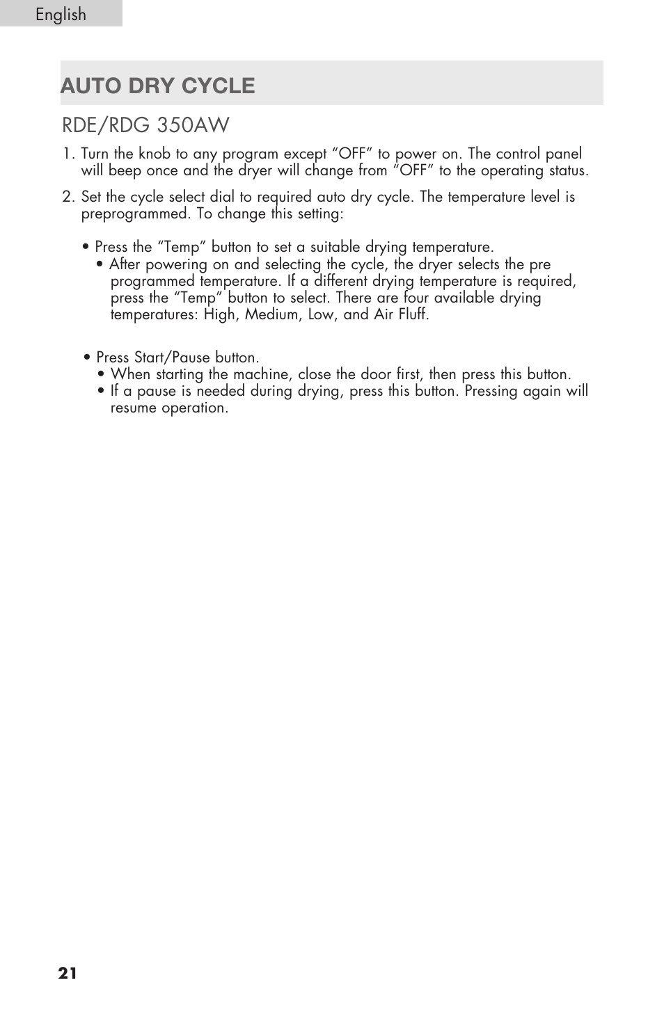 Auto dry cycle, Rde/rdg 350aw | haier Gas & Electric Dryer RDE/RDG 350AW User Manual | Page 22 / 80