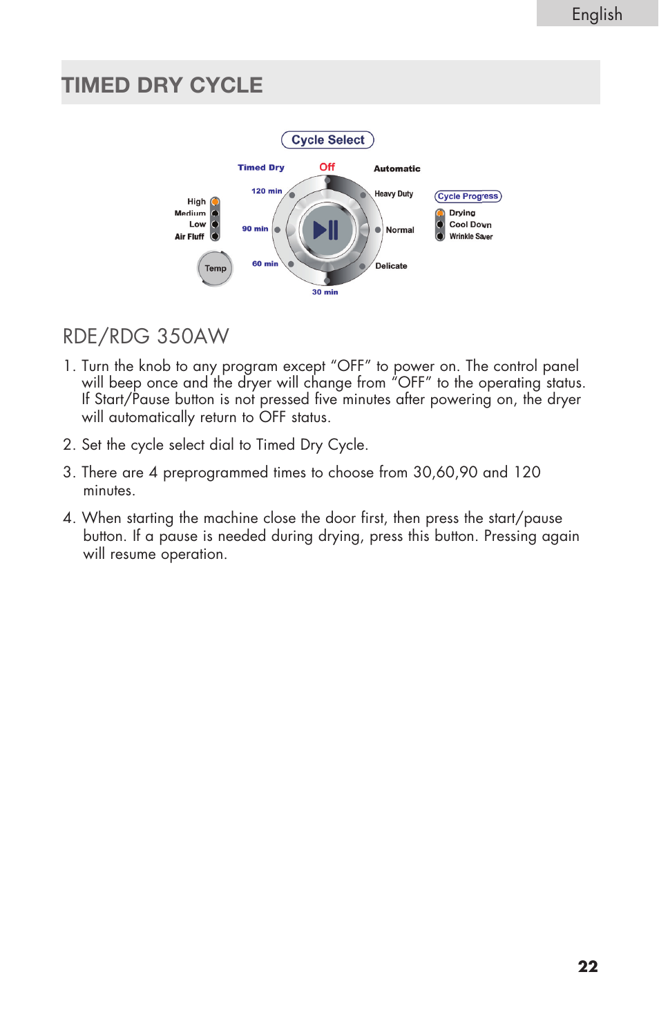 Timed dry cycle, Rde/rdg 350aw | haier Gas & Electric Dryer RDE/RDG 350AW User Manual | Page 23 / 80