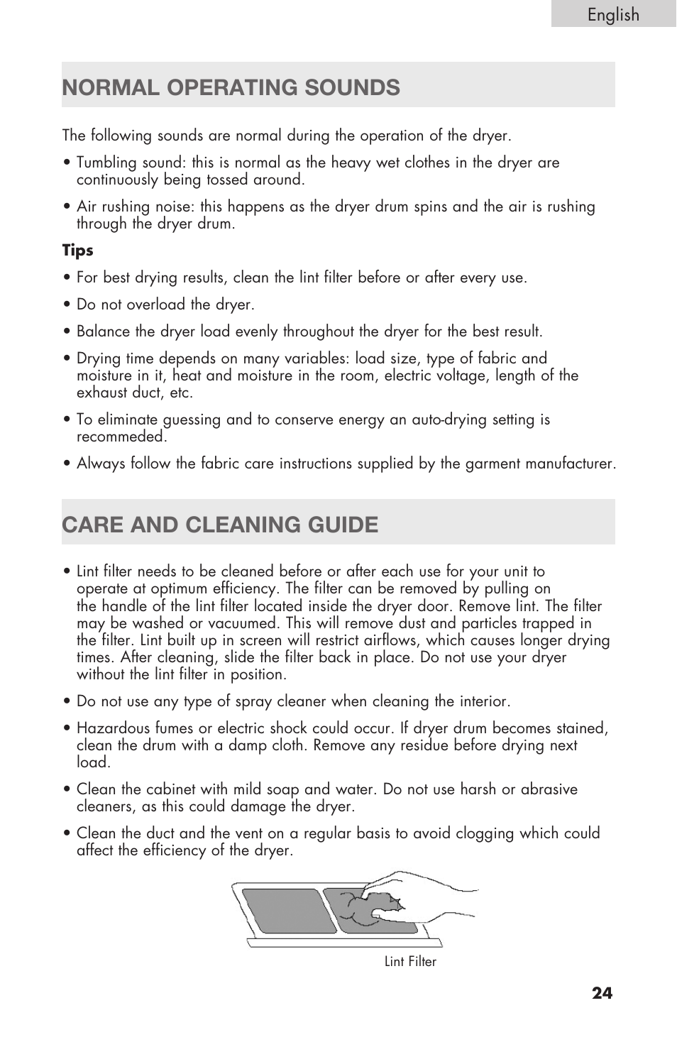 Normal operating sounds care and cleaning guide | haier Gas & Electric Dryer RDE/RDG 350AW User Manual | Page 25 / 80