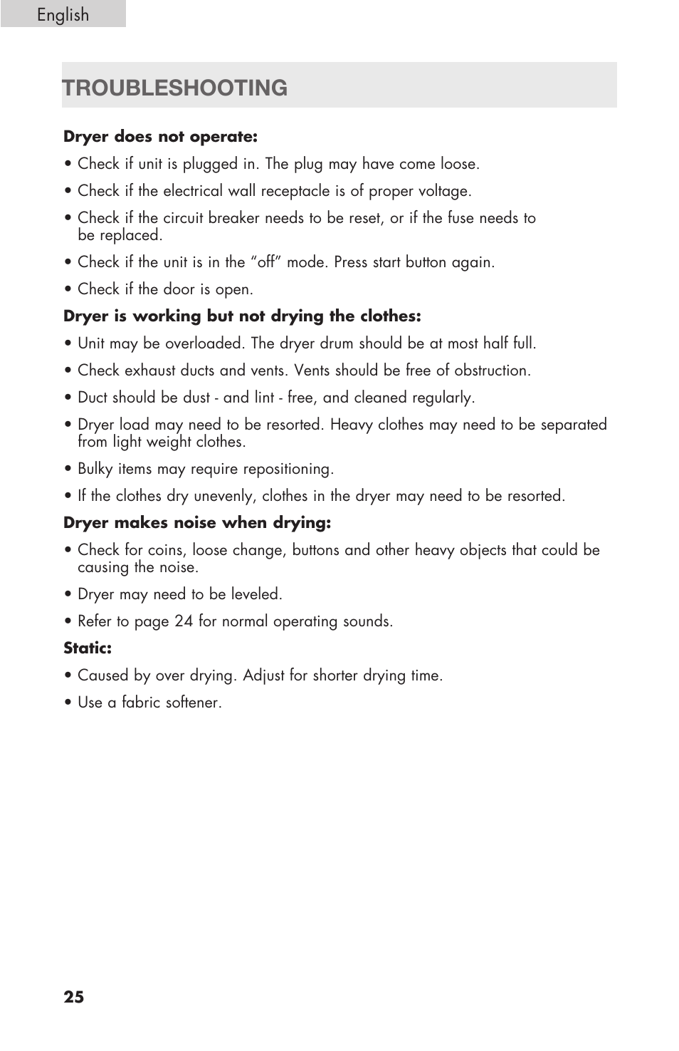 Troubleshooting | haier Gas & Electric Dryer RDE/RDG 350AW User Manual | Page 26 / 80