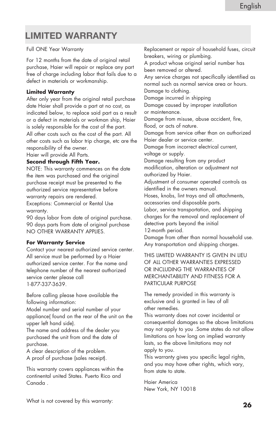 Limited warranty, English | haier Gas & Electric Dryer RDE/RDG 350AW User Manual | Page 27 / 80
