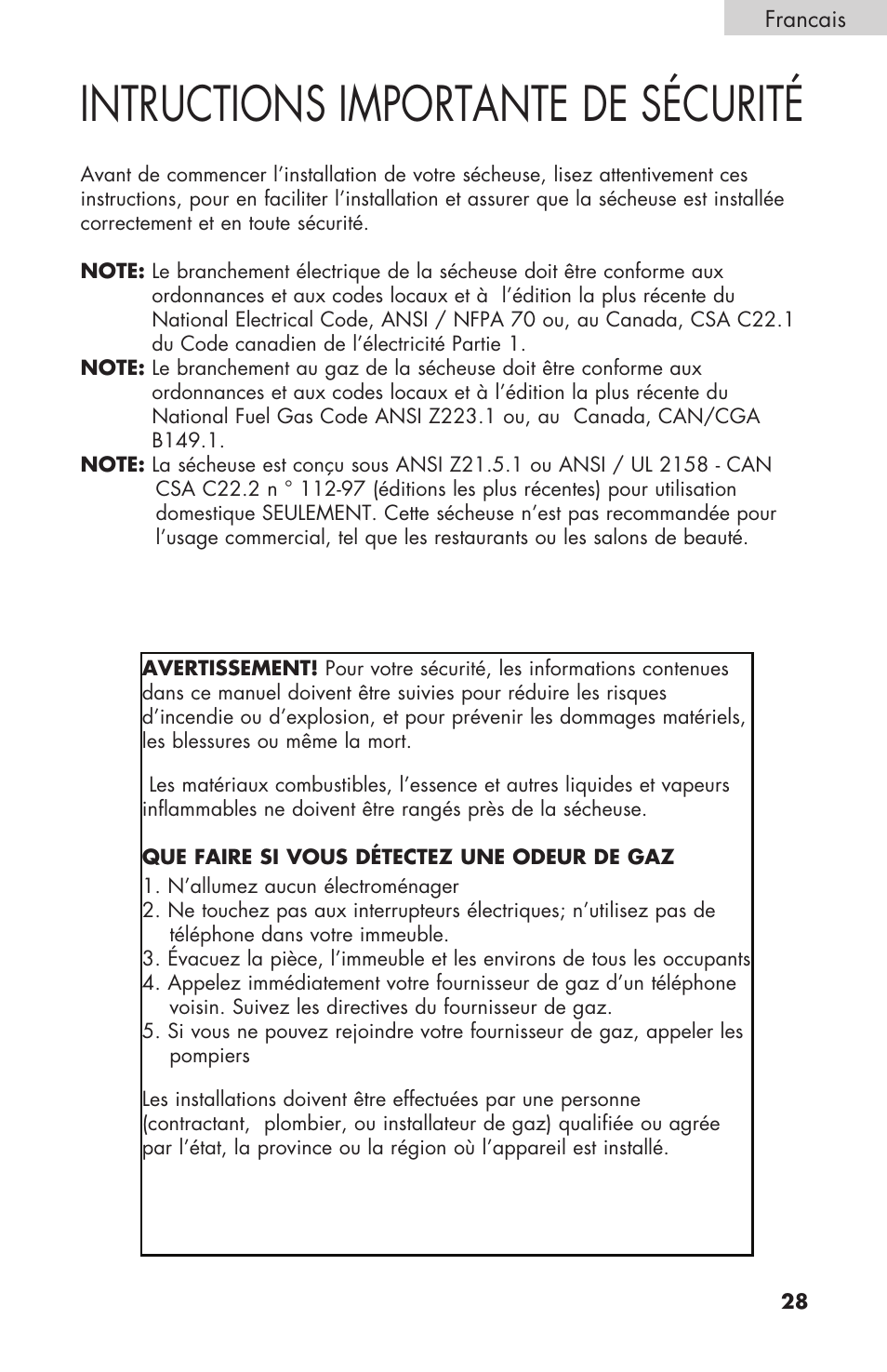 Intructions importante de sécurité | haier Gas & Electric Dryer RDE/RDG 350AW User Manual | Page 29 / 80