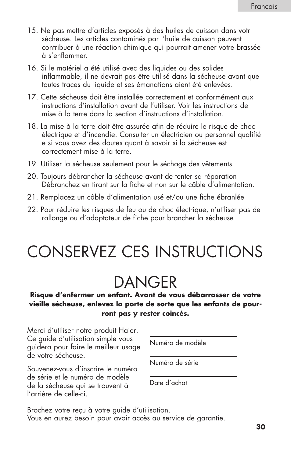 Conservez ces instructions, Danger | haier Gas & Electric Dryer RDE/RDG 350AW User Manual | Page 31 / 80