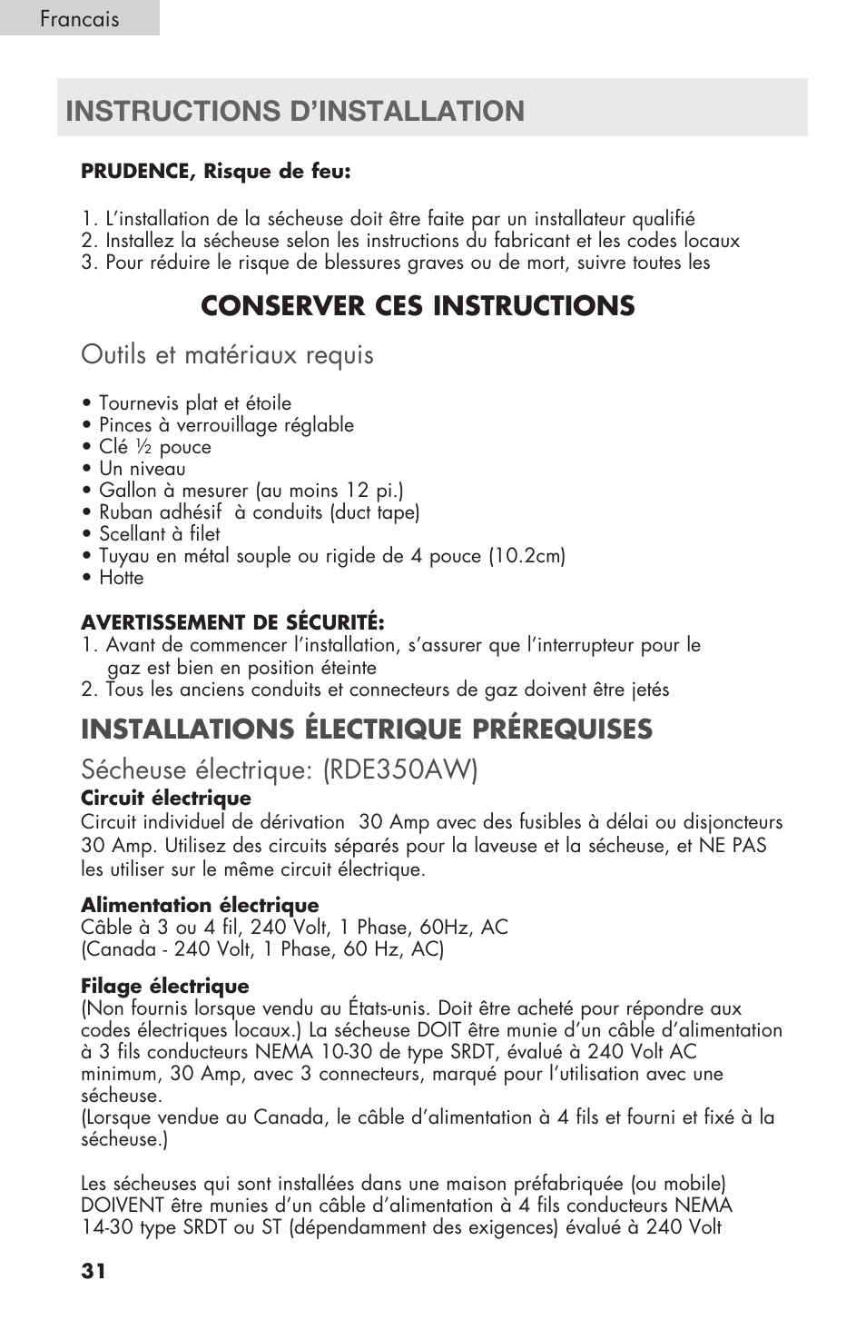 Instructions d’installation | haier Gas & Electric Dryer RDE/RDG 350AW User Manual | Page 32 / 80