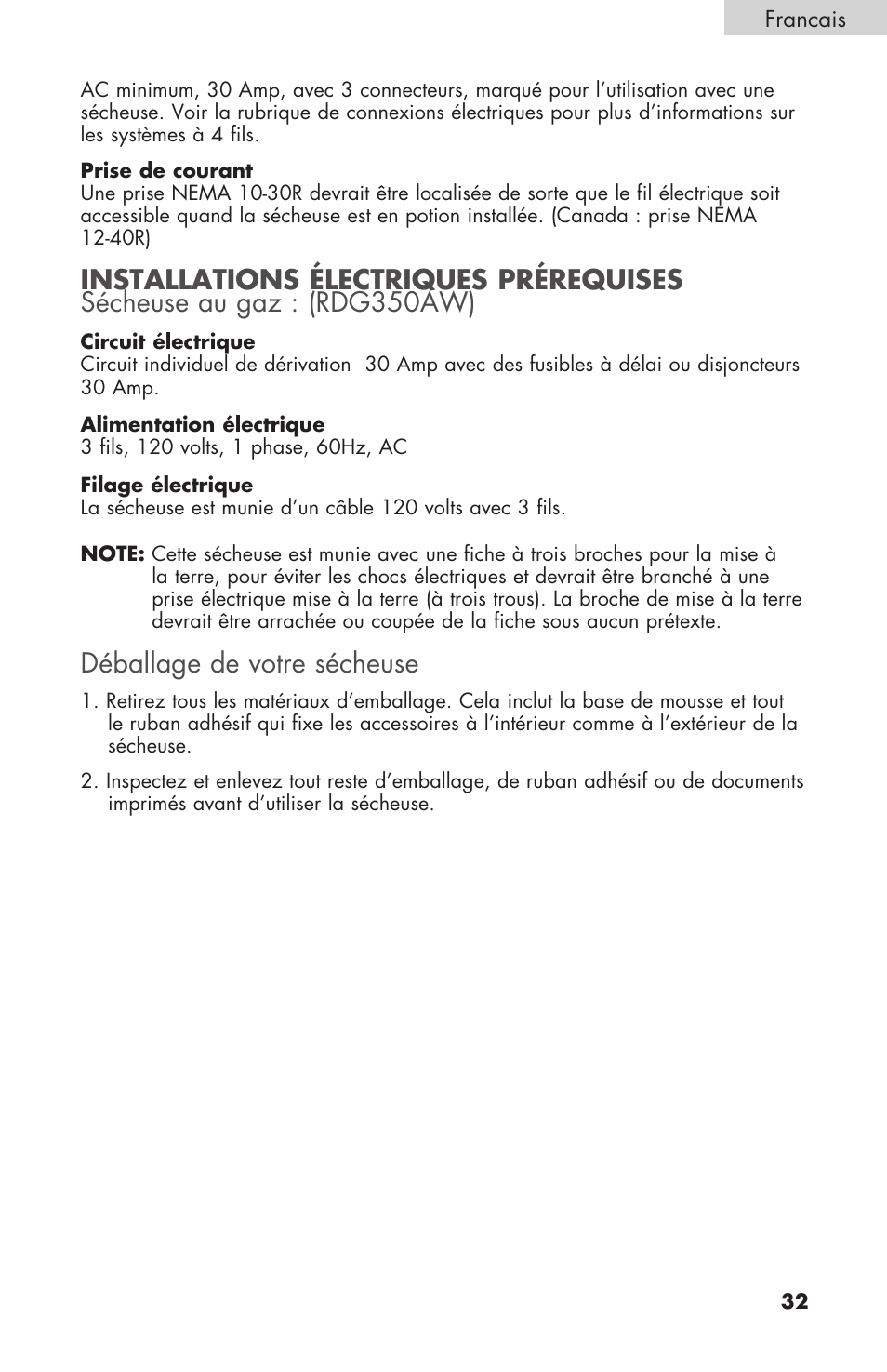 Déballage de votre sécheuse | haier Gas & Electric Dryer RDE/RDG 350AW User Manual | Page 33 / 80