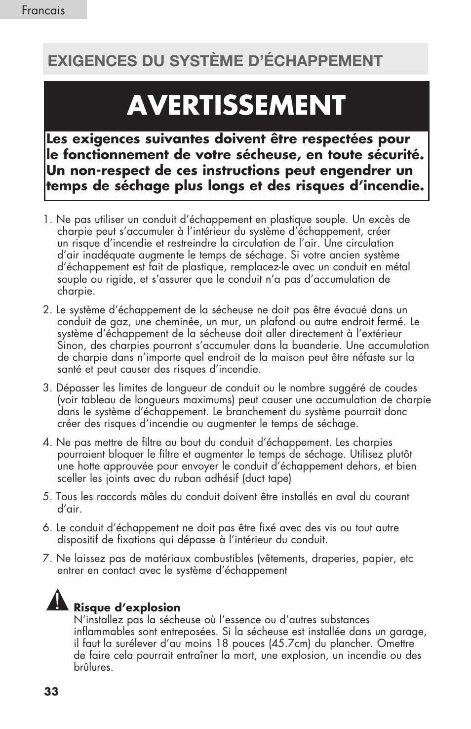 Avertissement, Exigences du système d’échappement | haier Gas & Electric Dryer RDE/RDG 350AW User Manual | Page 34 / 80