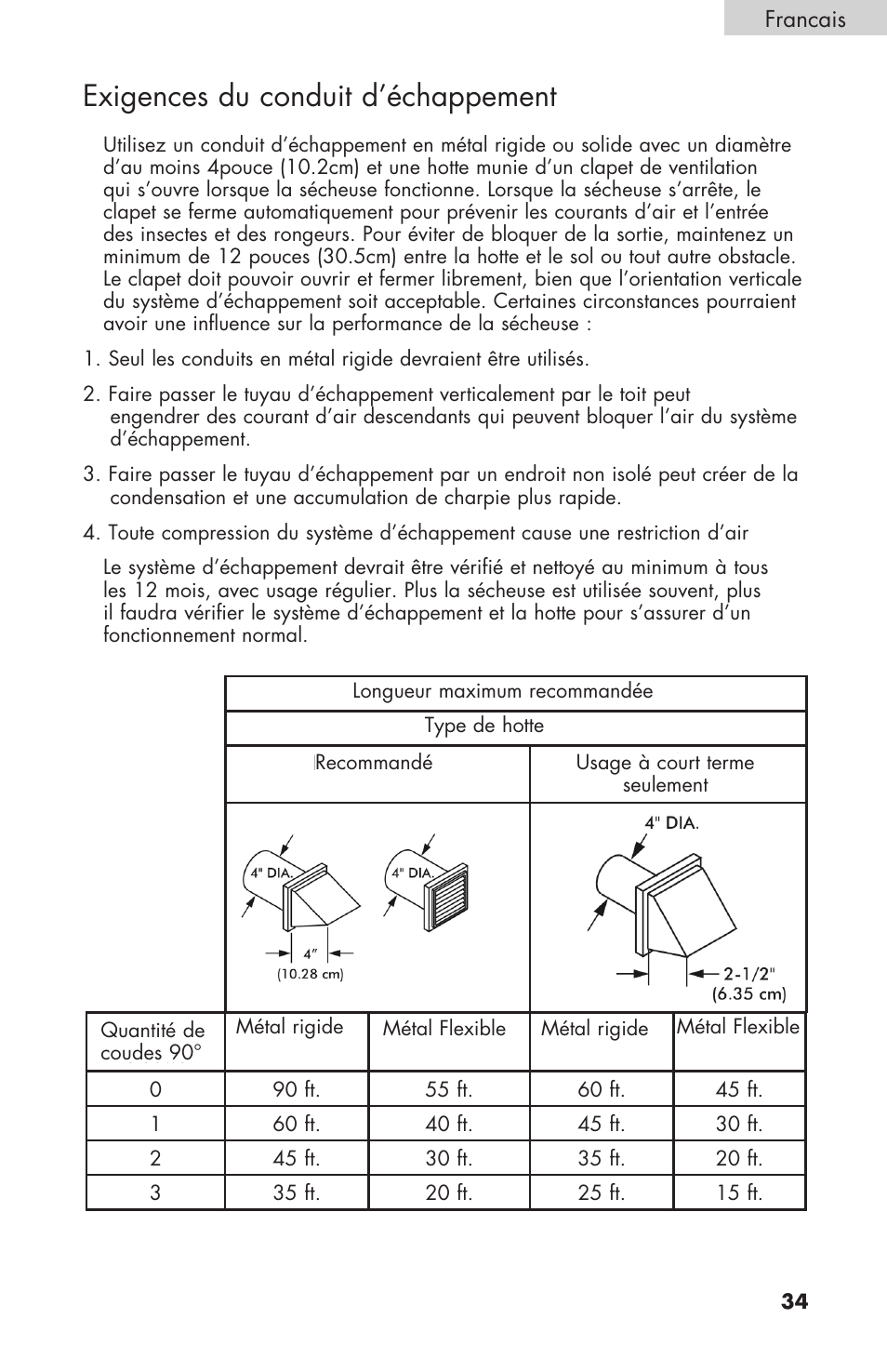Exigences du conduit d’échappement | haier Gas & Electric Dryer RDE/RDG 350AW User Manual | Page 35 / 80