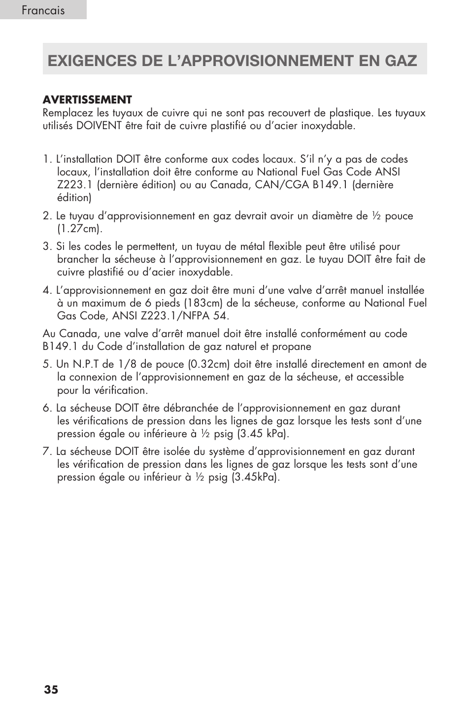 Exigences de l’approvisionnement en gaz | haier Gas & Electric Dryer RDE/RDG 350AW User Manual | Page 36 / 80