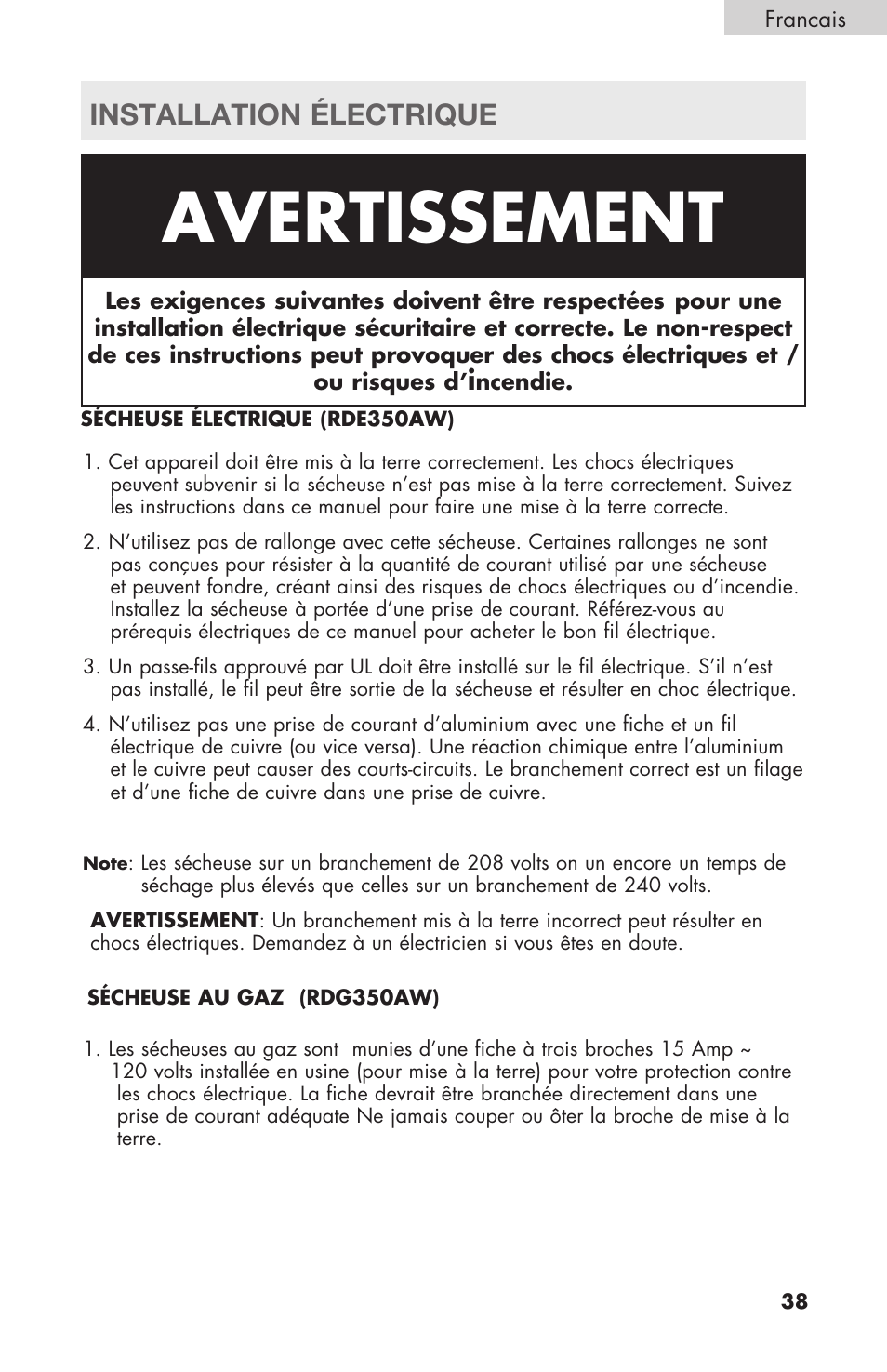 Avertissement, Installation électrique | haier Gas & Electric Dryer RDE/RDG 350AW User Manual | Page 39 / 80