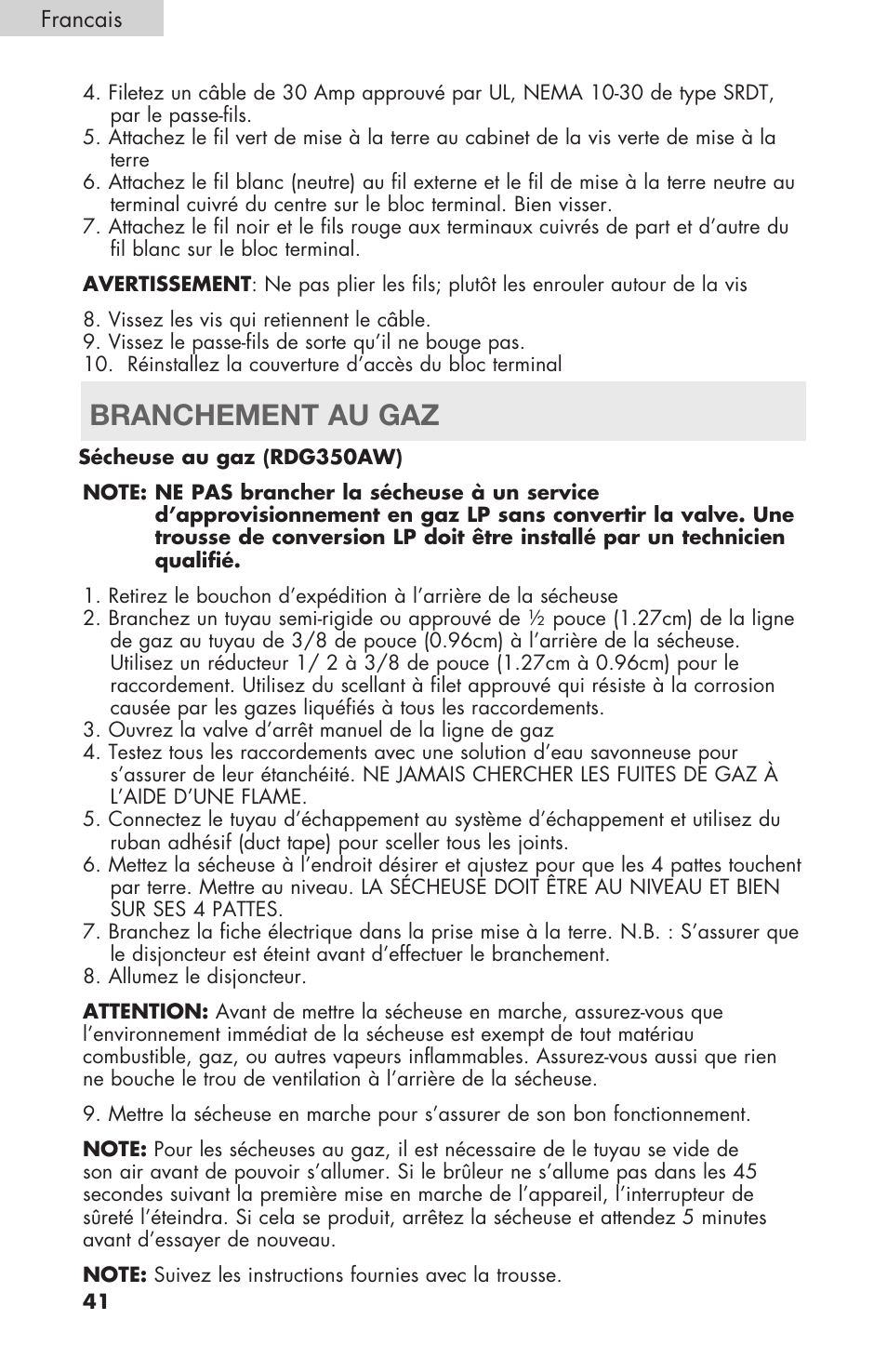 Branchement au gaz | haier Gas & Electric Dryer RDE/RDG 350AW User Manual | Page 42 / 80