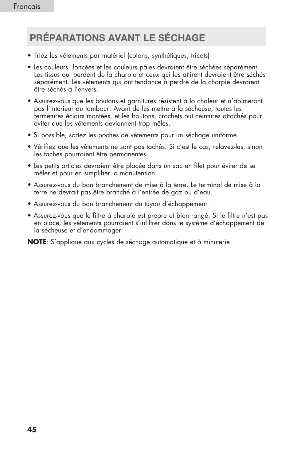 Préparations avant le séchage | haier Gas & Electric Dryer RDE/RDG 350AW User Manual | Page 46 / 80