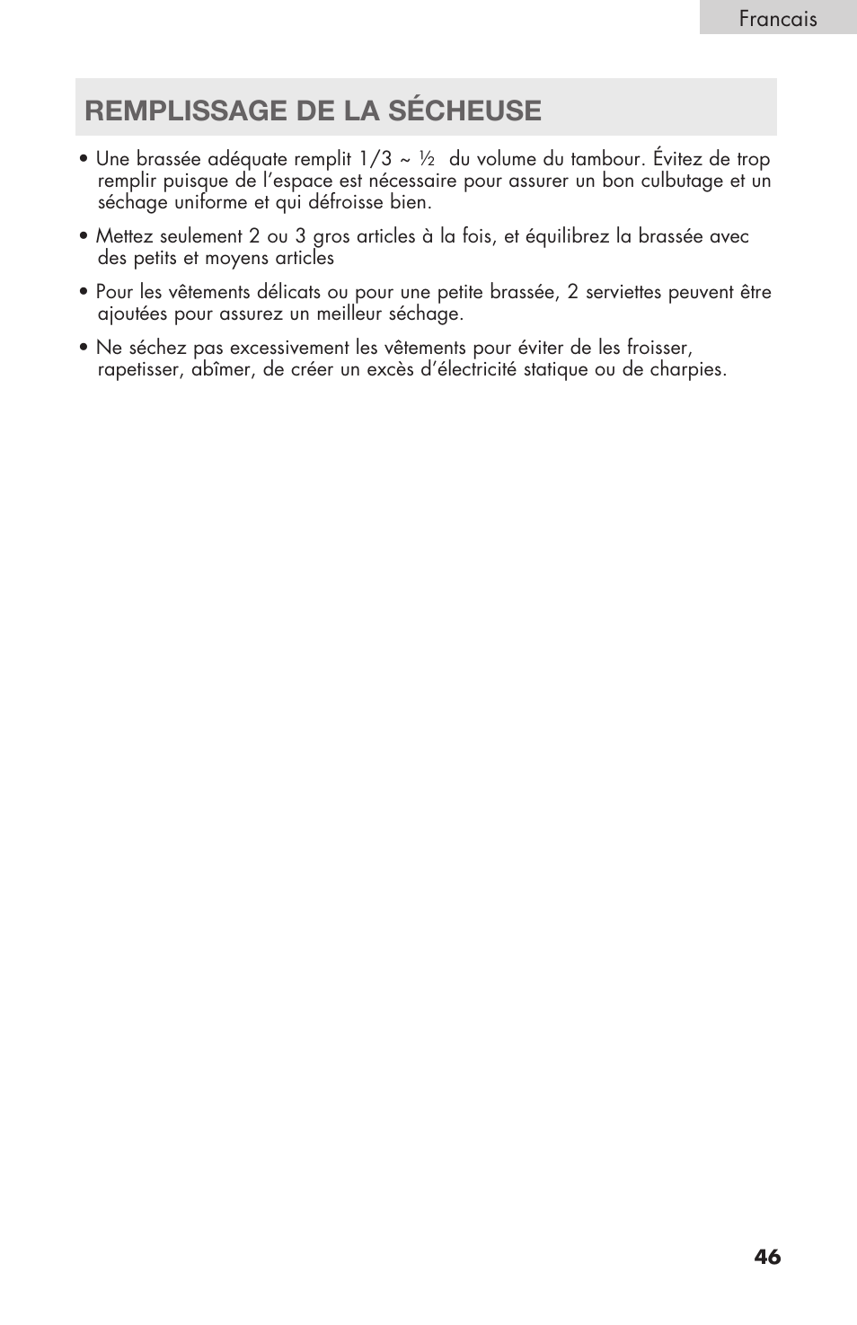 Remplissage de la sécheuse | haier Gas & Electric Dryer RDE/RDG 350AW User Manual | Page 47 / 80