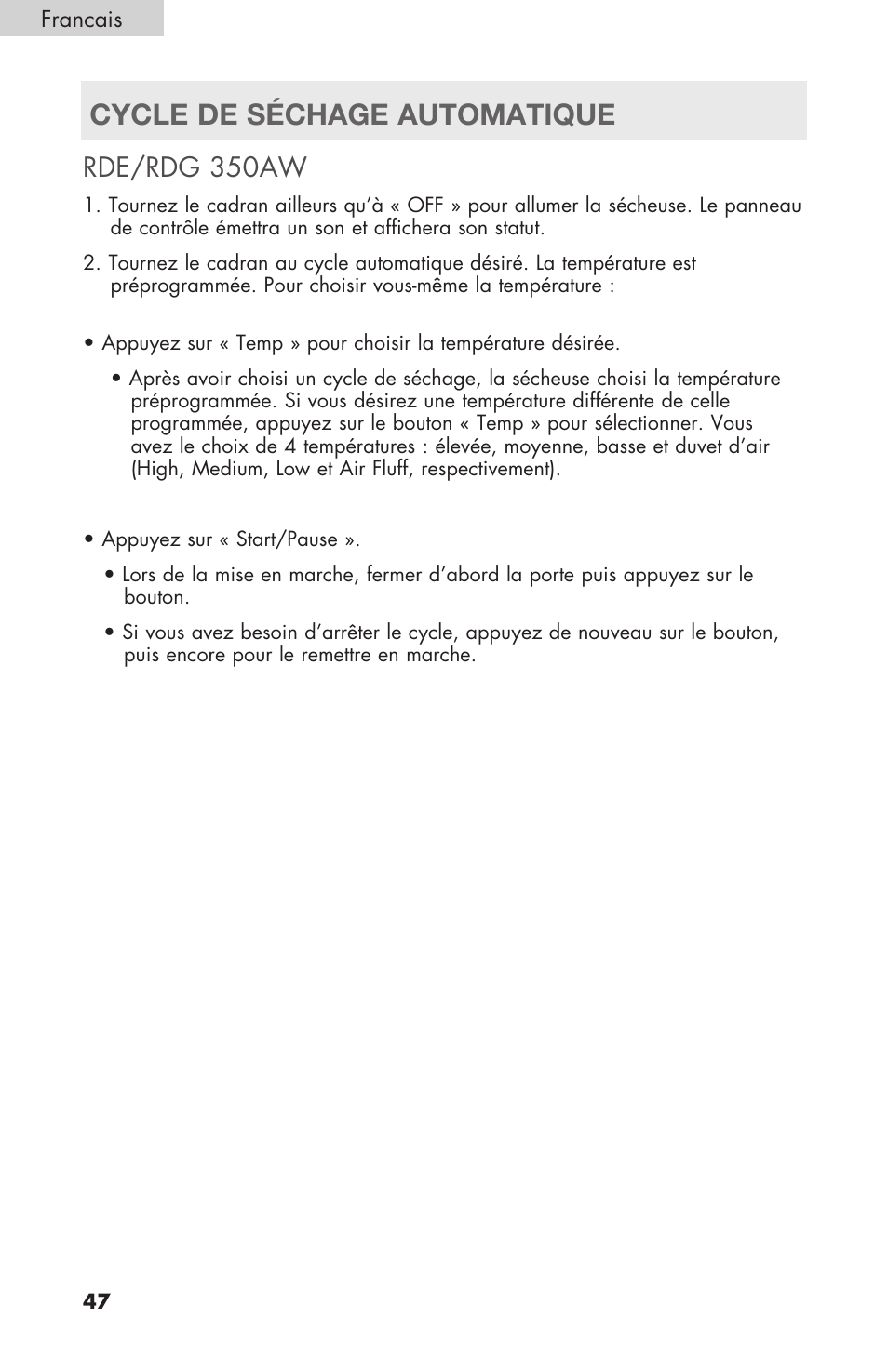 Cycle de séchage automatique, Rde/rdg 350aw | haier Gas & Electric Dryer RDE/RDG 350AW User Manual | Page 48 / 80