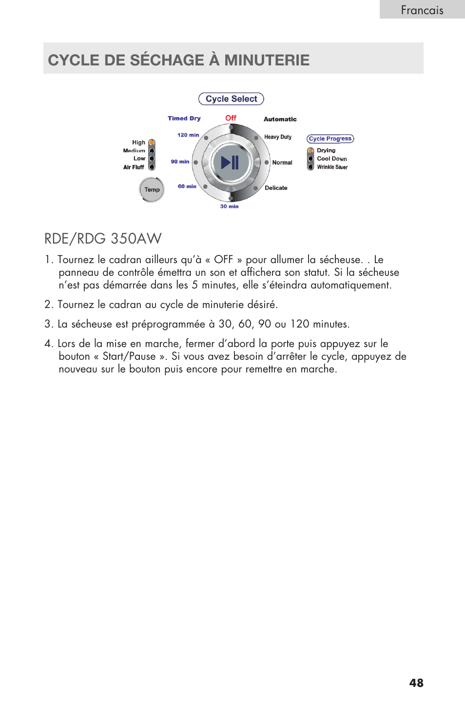 Cycle de séchage à minuterie, Rde/rdg 350aw | haier Gas & Electric Dryer RDE/RDG 350AW User Manual | Page 49 / 80