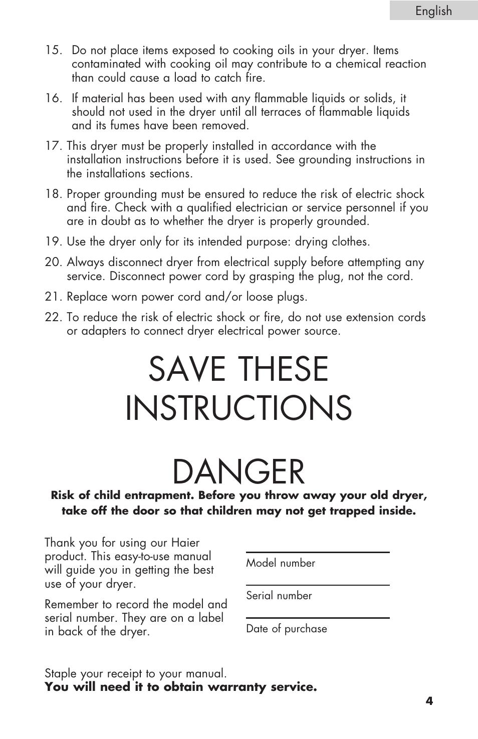 Save these instructions danger | haier Gas & Electric Dryer RDE/RDG 350AW User Manual | Page 5 / 80