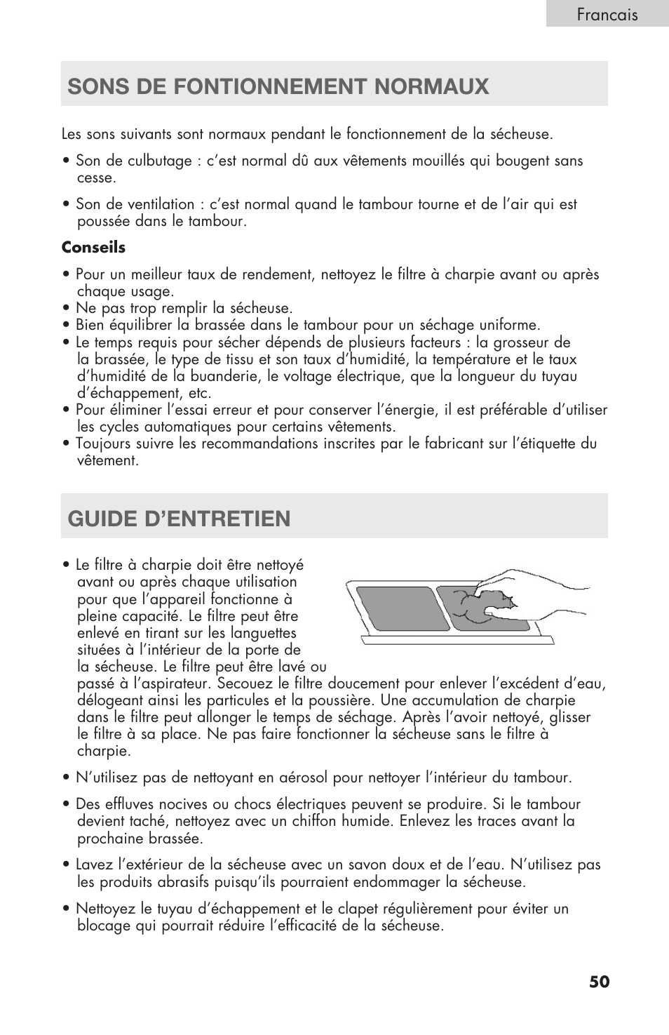 Sons de fontionnement normaux guide d’entretien | haier Gas & Electric Dryer RDE/RDG 350AW User Manual | Page 51 / 80