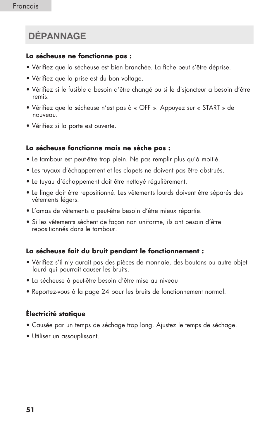 Dépannage | haier Gas & Electric Dryer RDE/RDG 350AW User Manual | Page 52 / 80