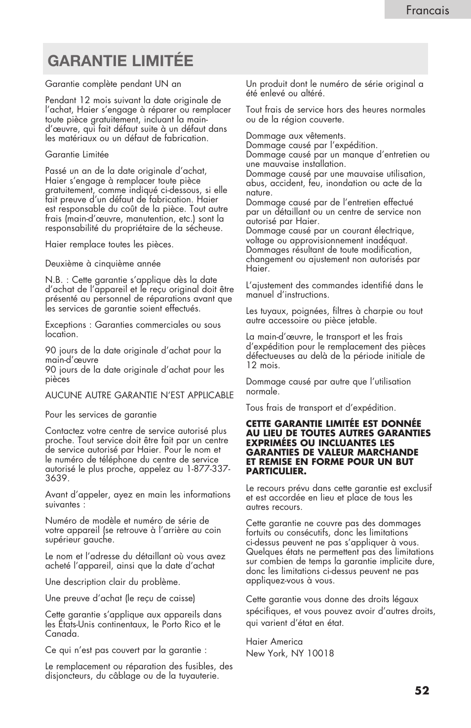 Garantie limitée, Francais | haier Gas & Electric Dryer RDE/RDG 350AW User Manual | Page 53 / 80