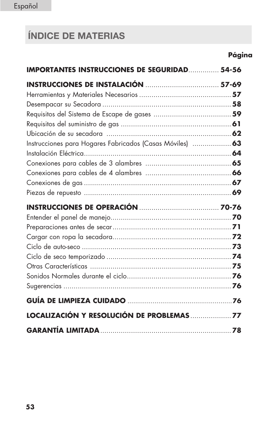Índice de materias | haier Gas & Electric Dryer RDE/RDG 350AW User Manual | Page 54 / 80