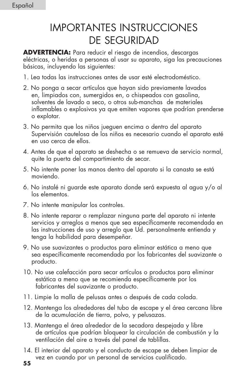 Importantes instrucciones de seguridad | haier Gas & Electric Dryer RDE/RDG 350AW User Manual | Page 56 / 80