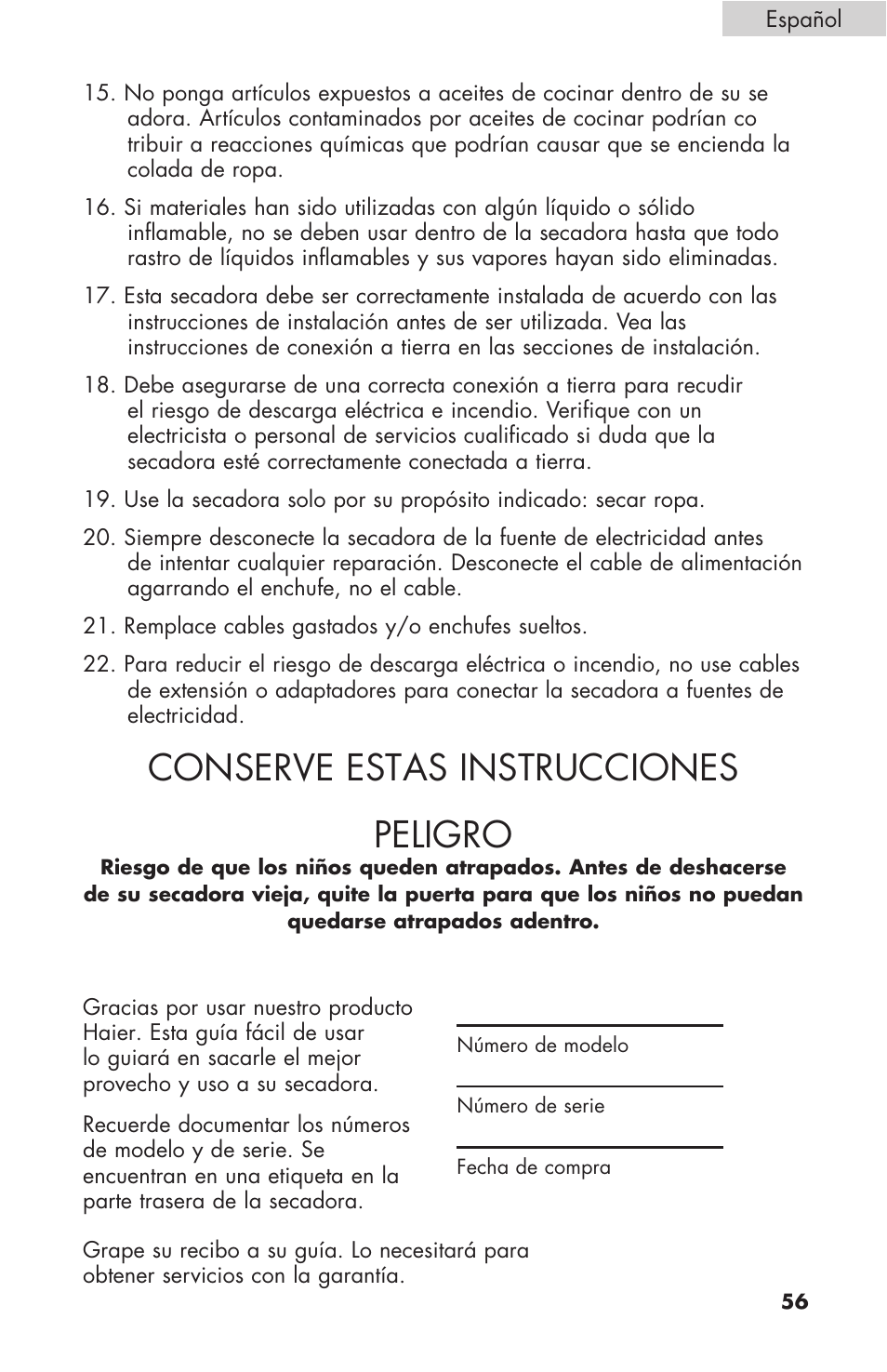 Conserve estas instrucciones peligro | haier Gas & Electric Dryer RDE/RDG 350AW User Manual | Page 57 / 80