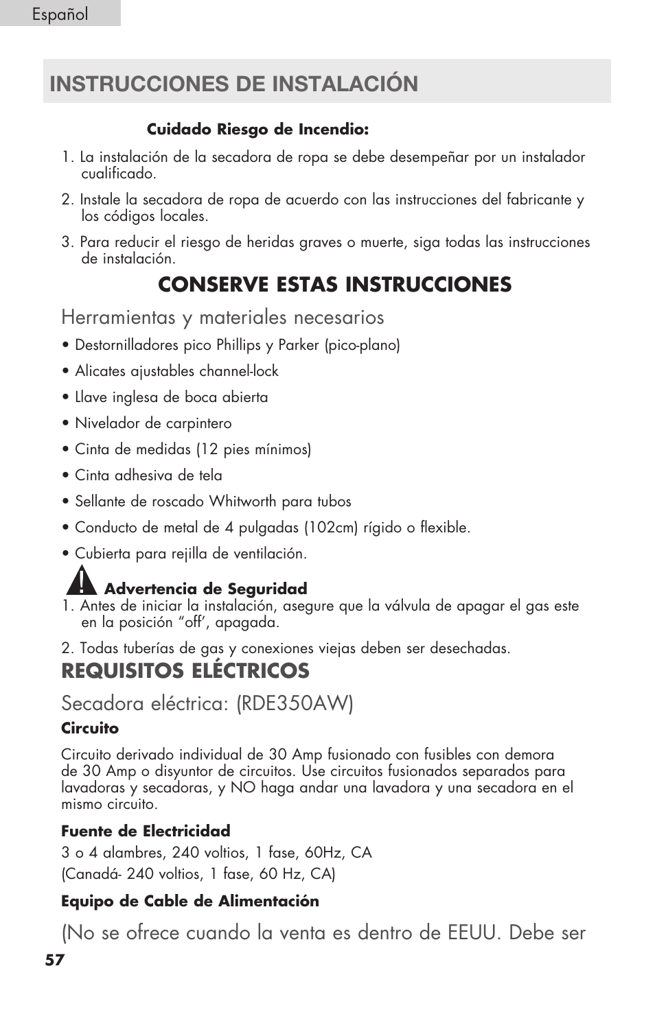 Instrucciones de instalación | haier Gas & Electric Dryer RDE/RDG 350AW User Manual | Page 58 / 80