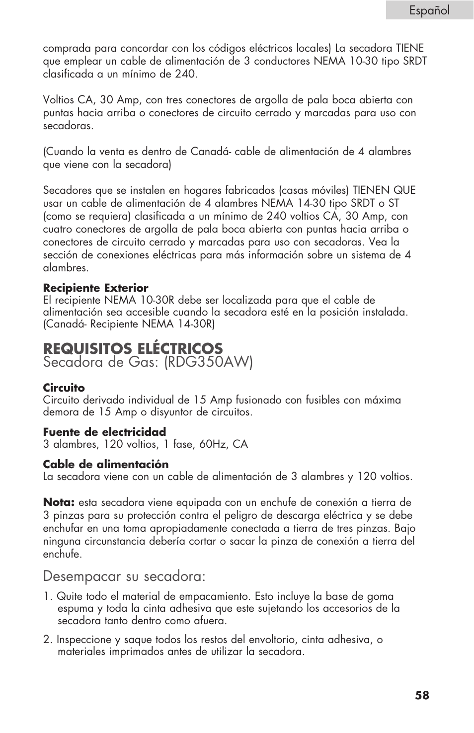 Requisitos eléctricos secadora de gas: (rdg350aw), Desempacar su secadora | haier Gas & Electric Dryer RDE/RDG 350AW User Manual | Page 59 / 80