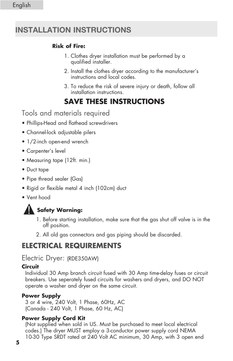 Installation instructions, Electrical requirements electric dryer | haier Gas & Electric Dryer RDE/RDG 350AW User Manual | Page 6 / 80