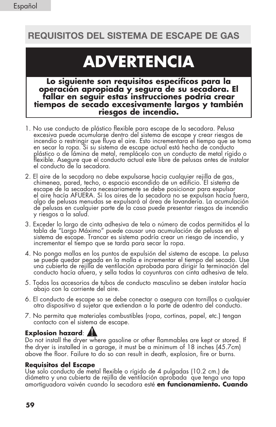 Advertencia, Requisitos del sistema de escape de gas | haier Gas & Electric Dryer RDE/RDG 350AW User Manual | Page 60 / 80