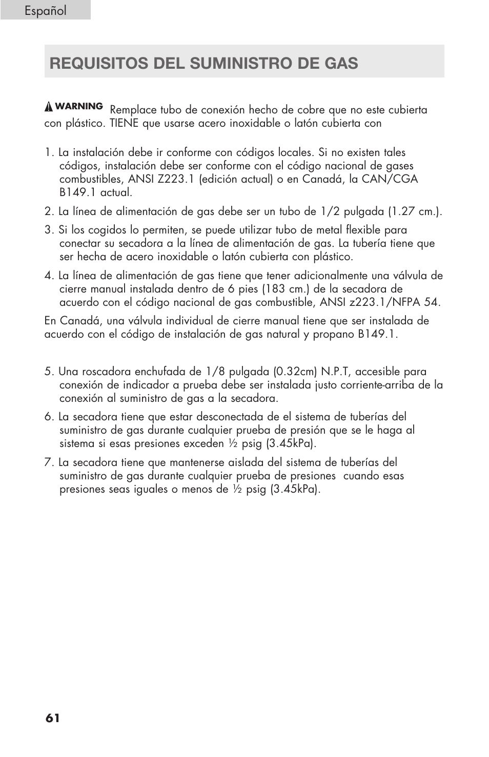 Requisitos del suministro de gas | haier Gas & Electric Dryer RDE/RDG 350AW User Manual | Page 62 / 80