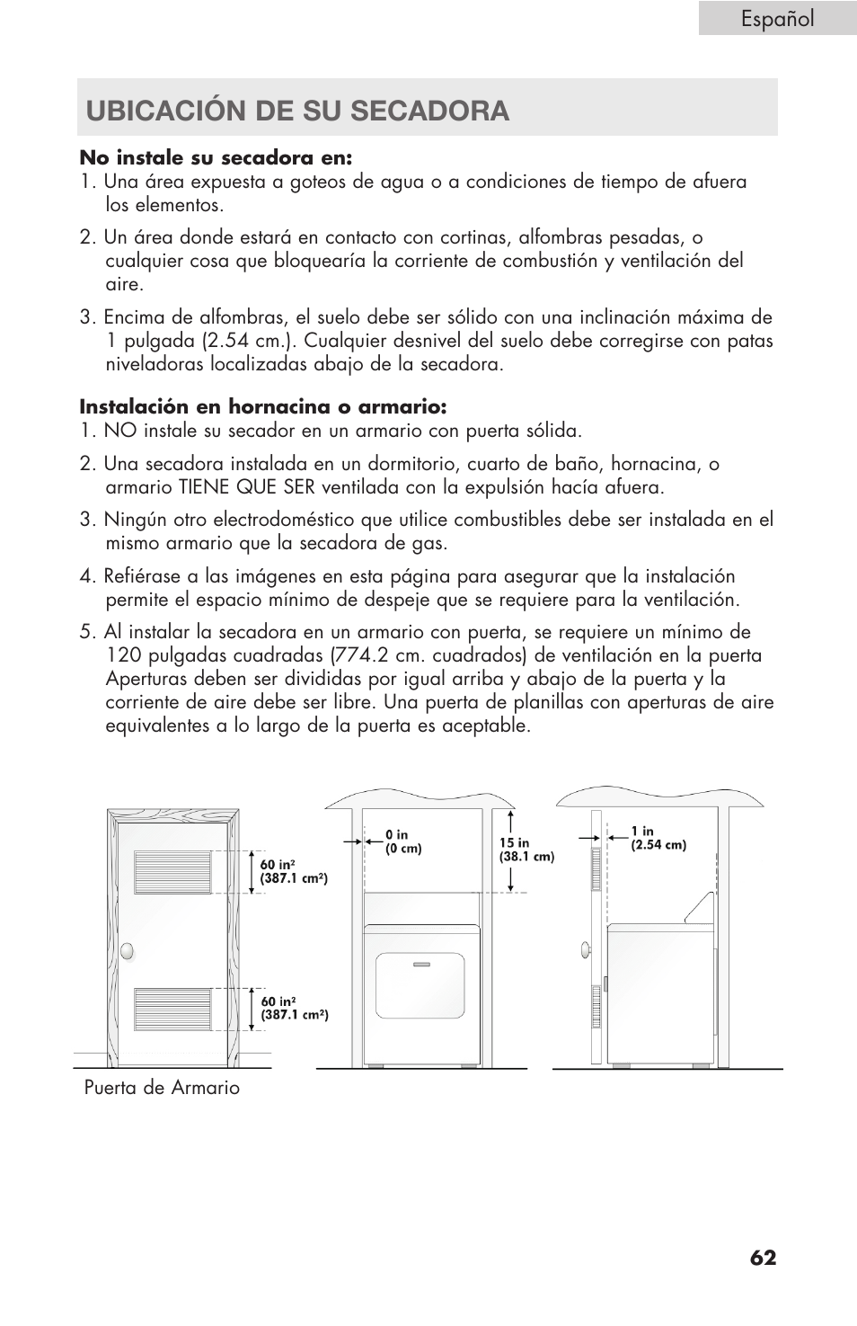 Ubicación de su secadora | haier Gas & Electric Dryer RDE/RDG 350AW User Manual | Page 63 / 80
