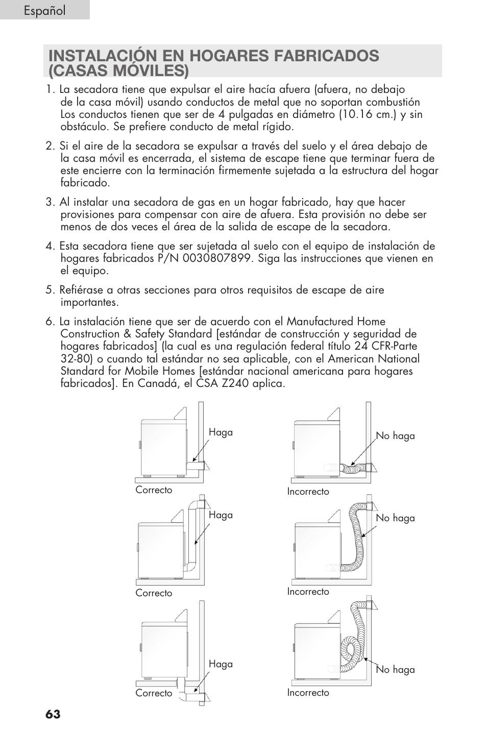 Instalación en hogares fabricados (casas móviles) | haier Gas & Electric Dryer RDE/RDG 350AW User Manual | Page 64 / 80