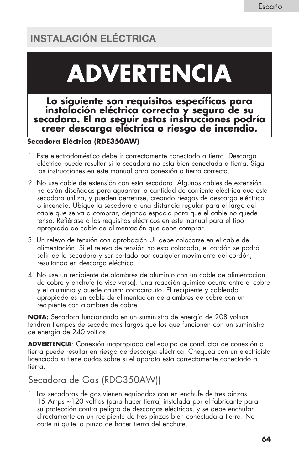 Advertencia, Instalación eléctrica, Secadora de gas (rdg350aw)) | haier Gas & Electric Dryer RDE/RDG 350AW User Manual | Page 65 / 80