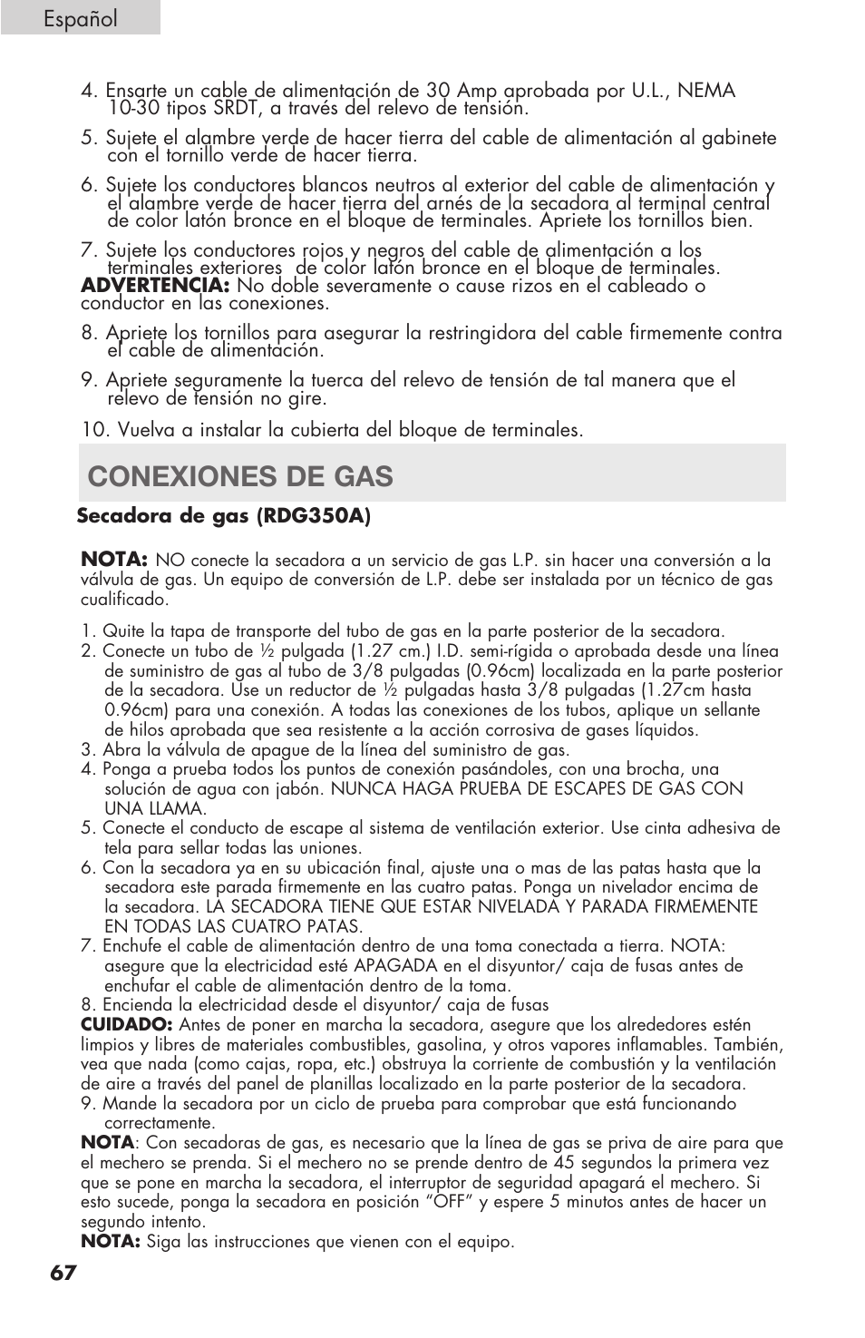 Conexiones de gas, Español | haier Gas & Electric Dryer RDE/RDG 350AW User Manual | Page 68 / 80