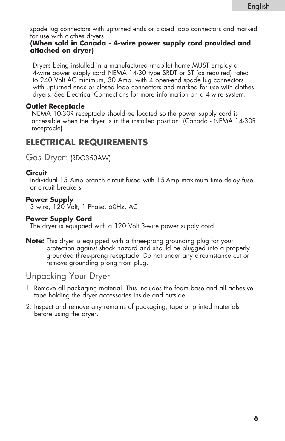 Electrical requirements, Gas dryer, Unpacking your dryer | haier Gas & Electric Dryer RDE/RDG 350AW User Manual | Page 7 / 80