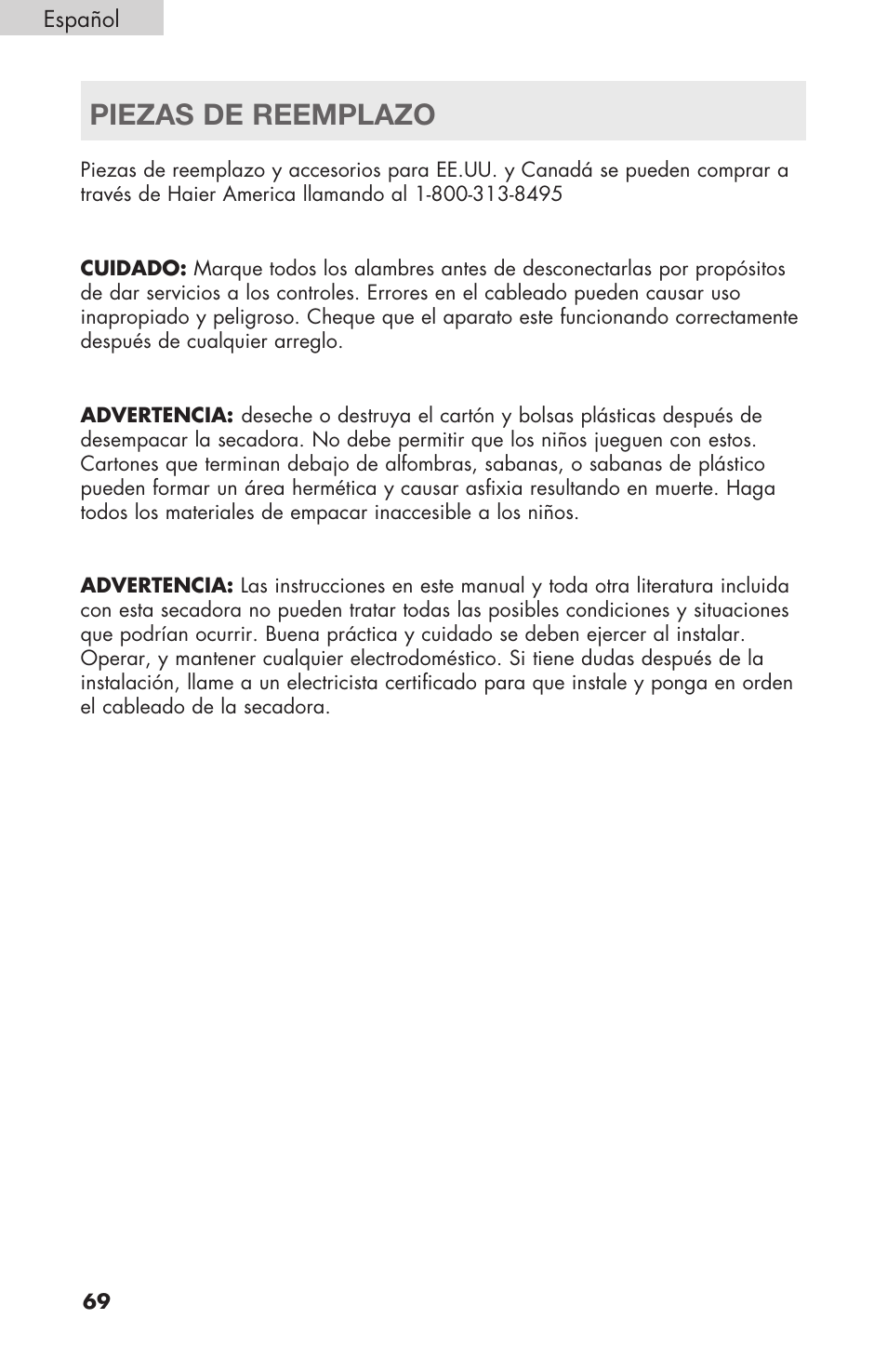 Piezas de reemplazo | haier Gas & Electric Dryer RDE/RDG 350AW User Manual | Page 70 / 80